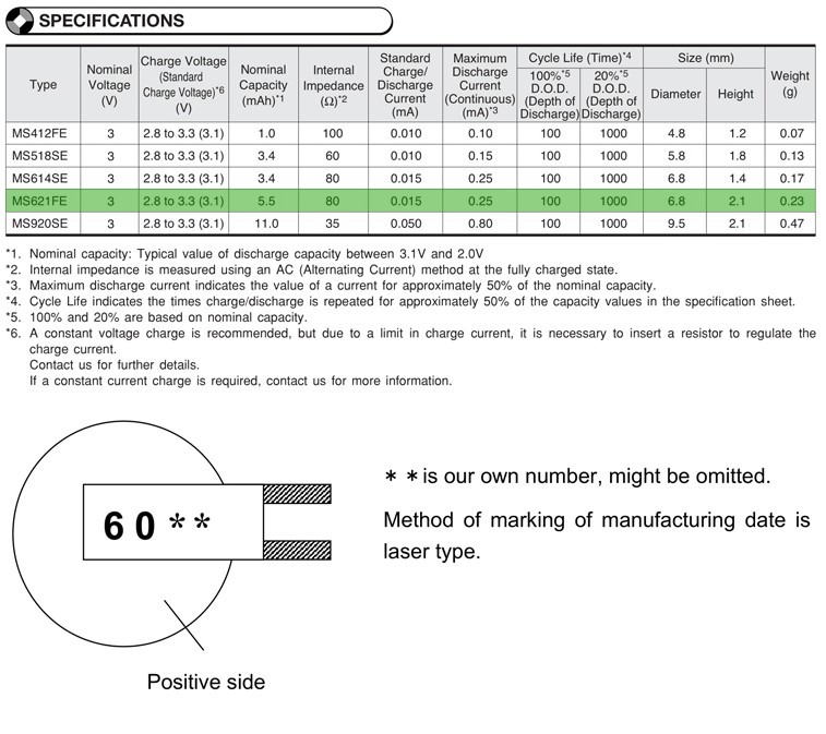 MS621FE-FL11E 3V 可充电精工纽扣电池，可充电带焊脚